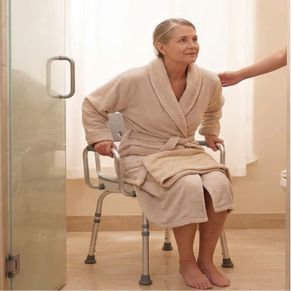 Woman seated in a MOBB Swivel Shower Chair 3.0 reaching toward a bathroom grab bar